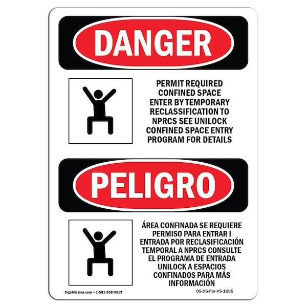 OSHA, Permit Required Confined Space Bilingual, 24in X 18in Rigid Plastic, 18" W, 24" H, Spanish
